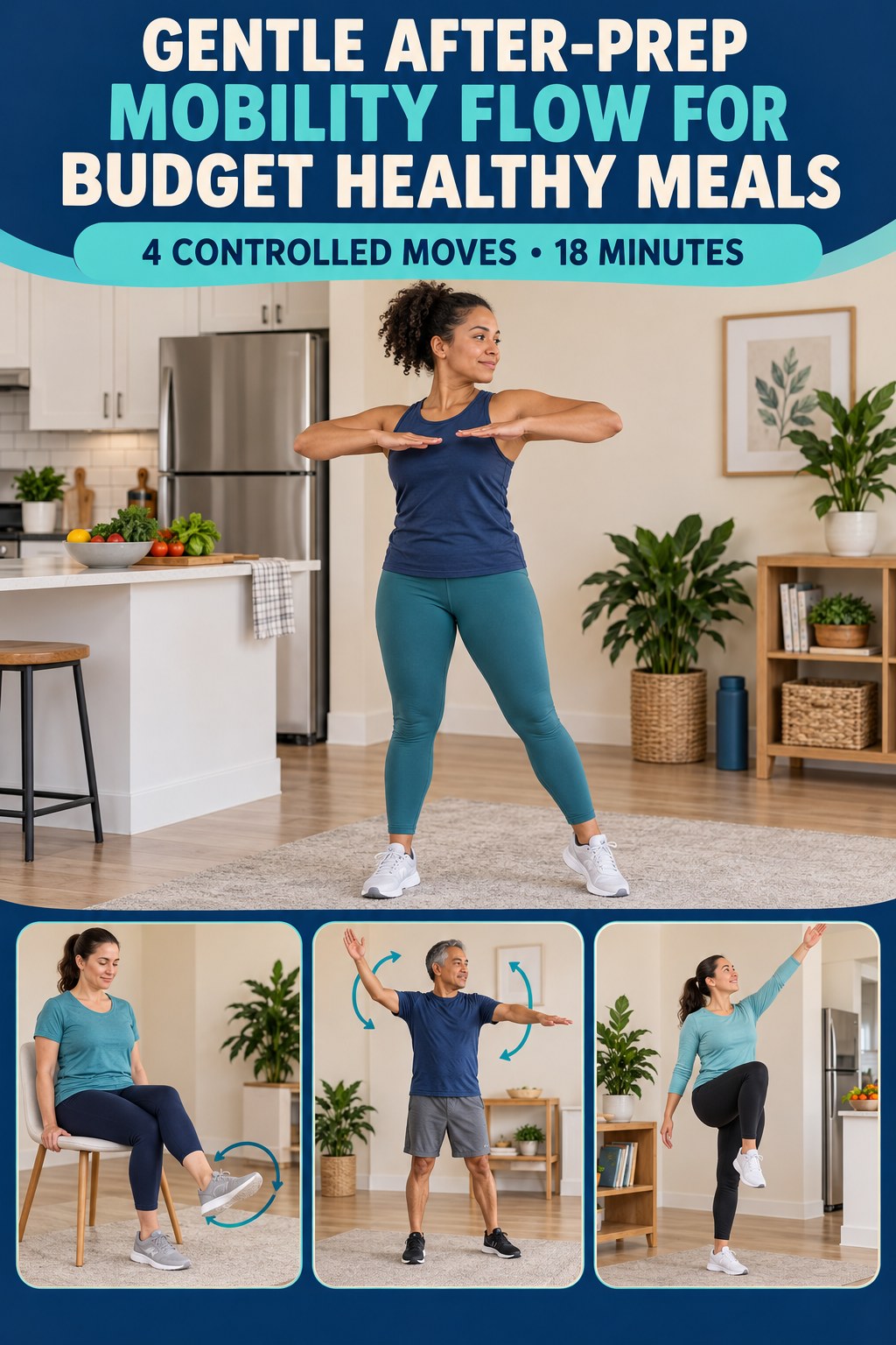 Adult demonstrating standing rib-cage turns in a gentle after-prep mobility flow for budget healthy meals infographic.