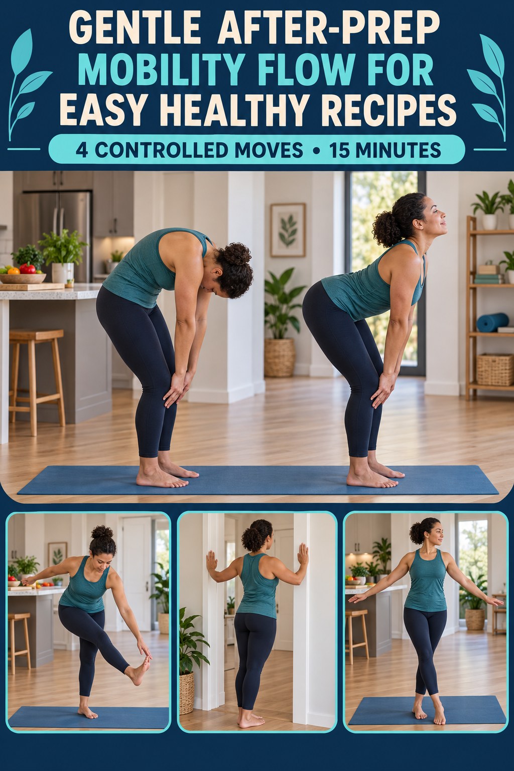 Adult demonstrating standing cat-cow in a gentle after-prep mobility flow for easy healthy recipes infographic.