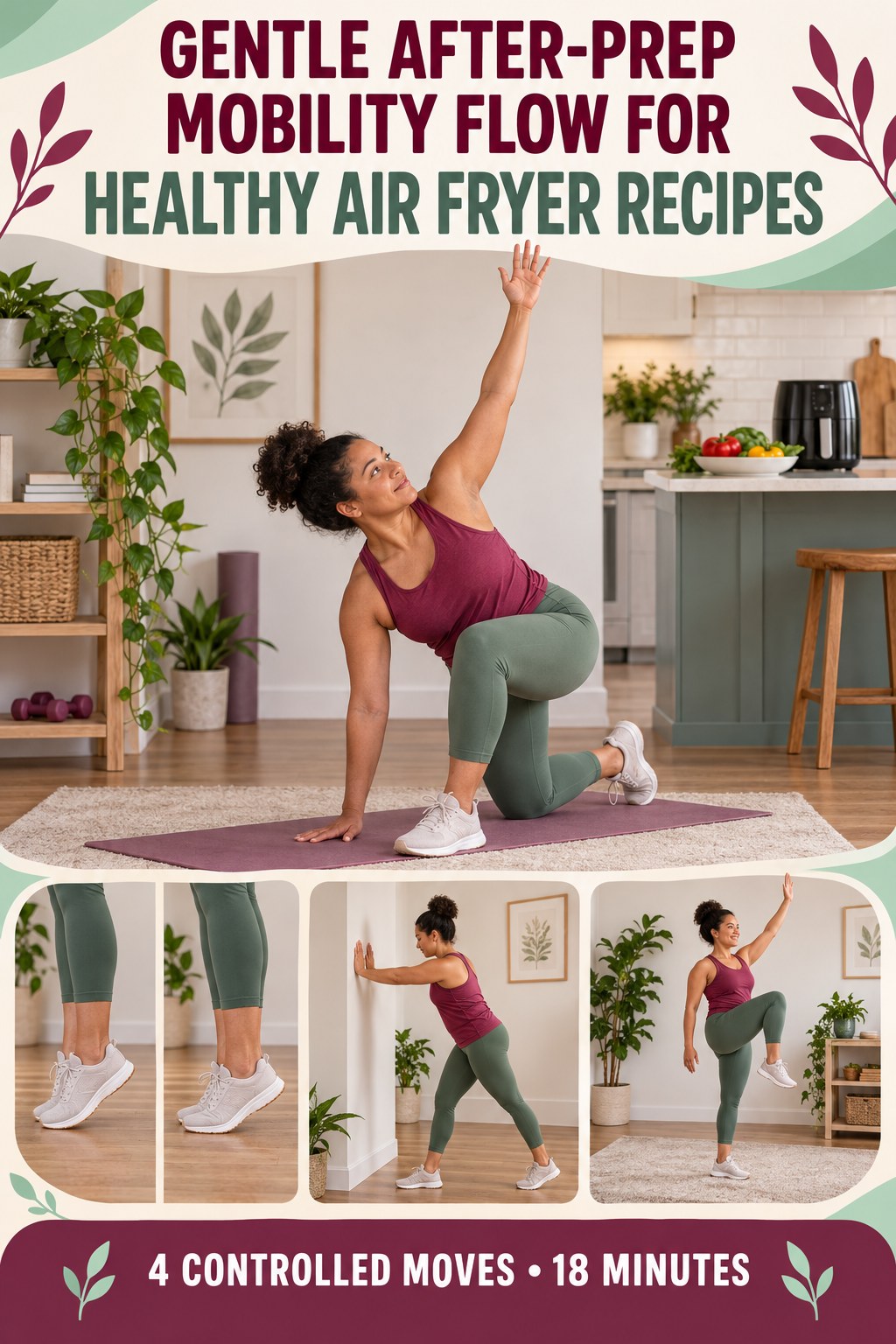 Adult demonstrating half-kneeling windmills in a gentle after-prep mobility flow for healthy air fryer recipes infographic.