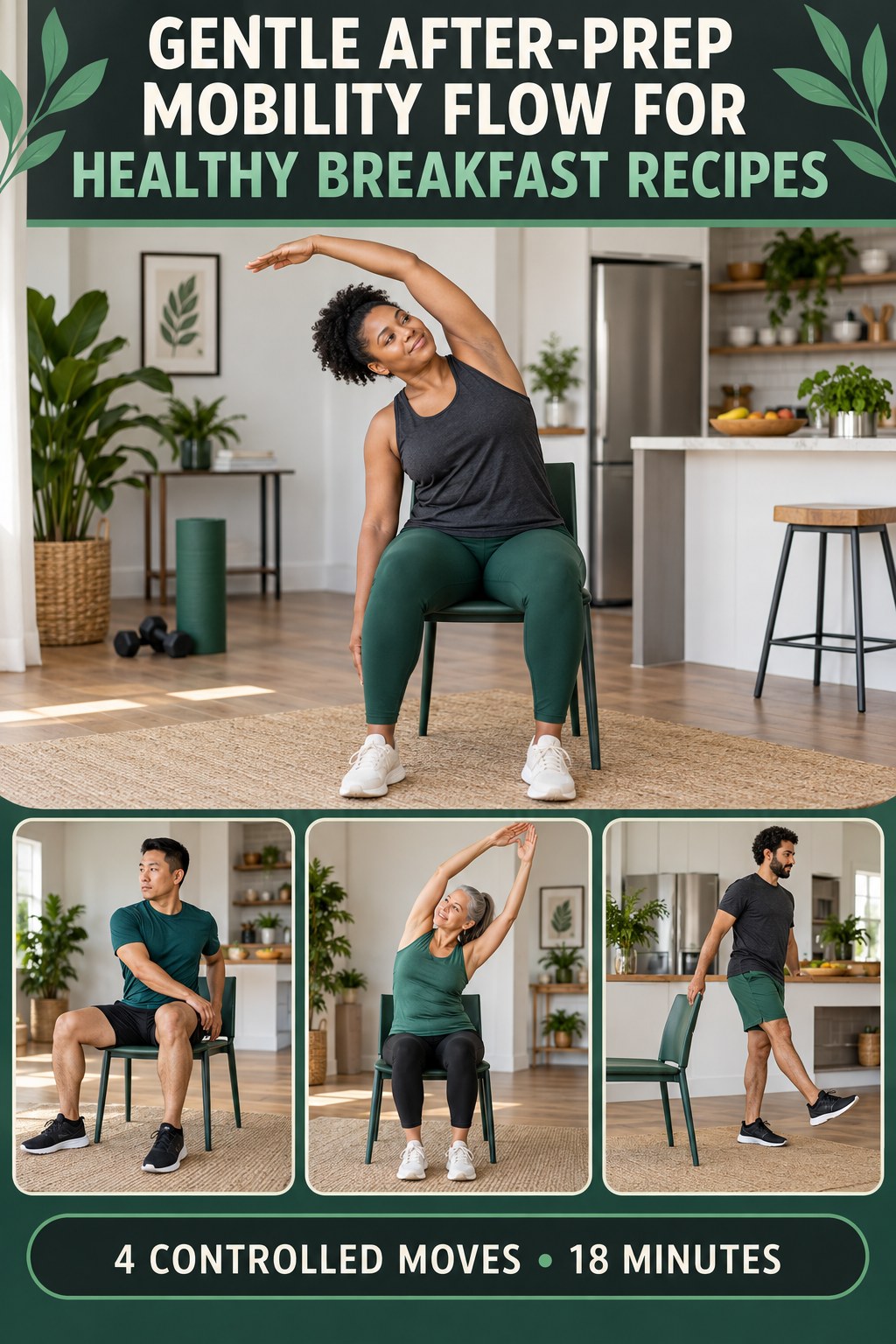 Adult demonstrating seated side bends in a gentle after-prep mobility flow for healthy breakfast recipes infographic.