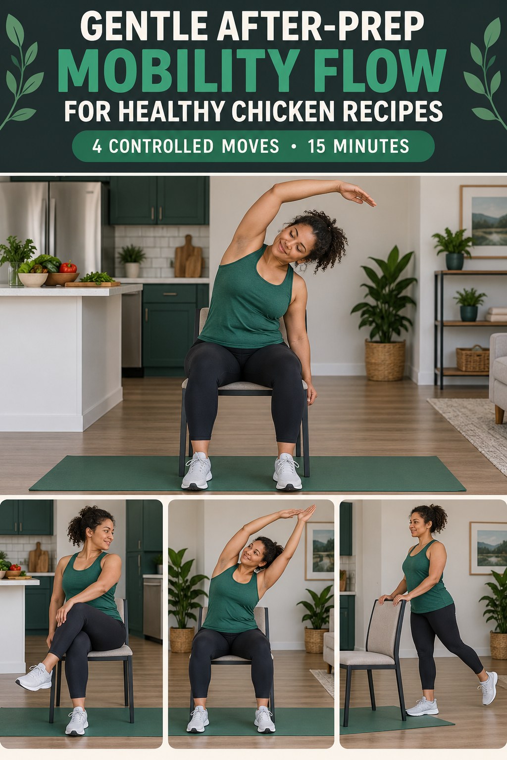 Adult demonstrating seated side bends in a gentle after-prep mobility flow for healthy chicken recipes infographic.