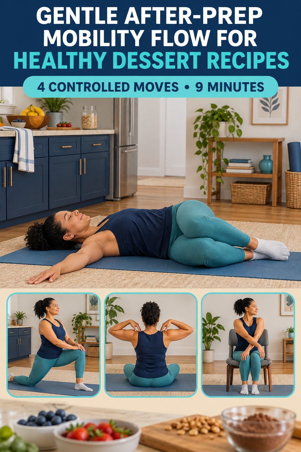 Adult demonstrating supine knee sways in a gentle after-prep mobility flow for healthy dessert recipes infographic.