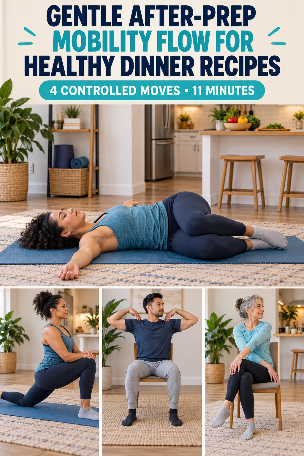 Adult demonstrating supine knee sways in a gentle after-prep mobility flow for healthy dinner recipes infographic.