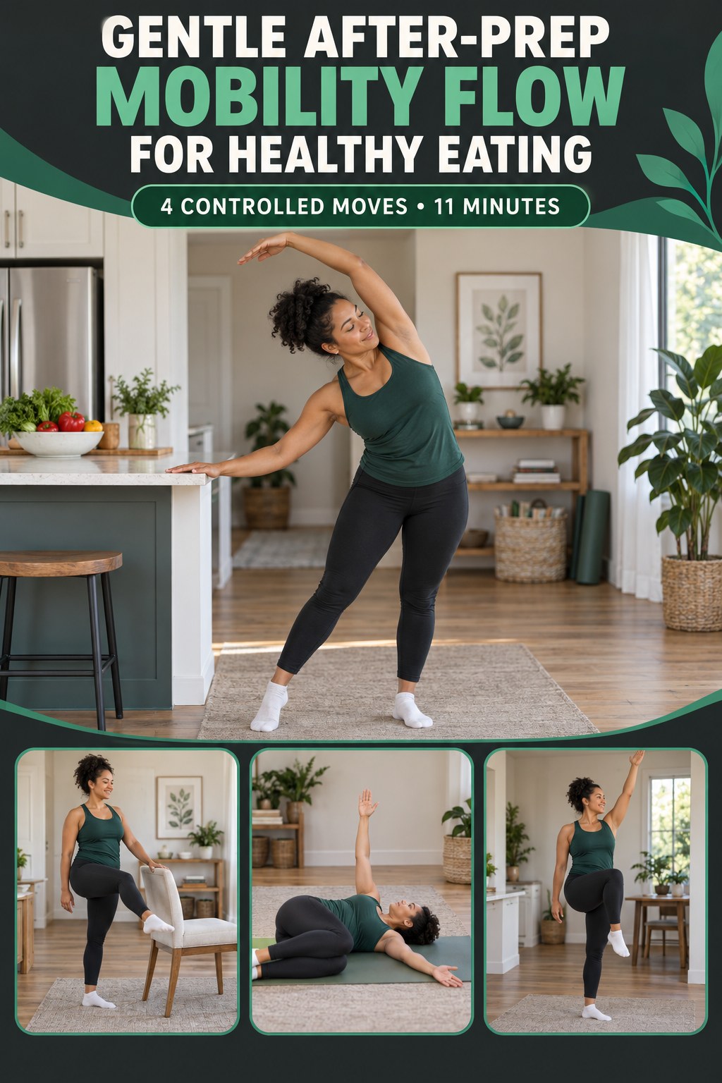 Adult demonstrating counter spine waves in a gentle after-prep mobility flow for healthy eating infographic.