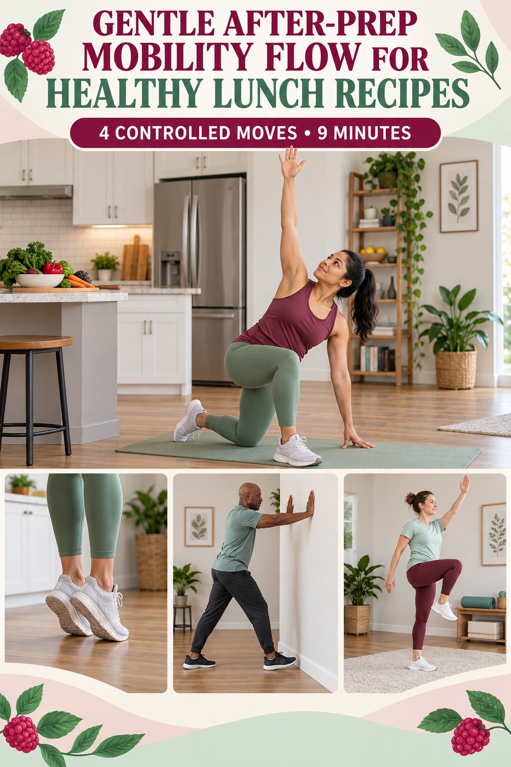 Adult demonstrating half-kneeling windmills in a gentle after-prep mobility flow for healthy lunch recipes infographic.