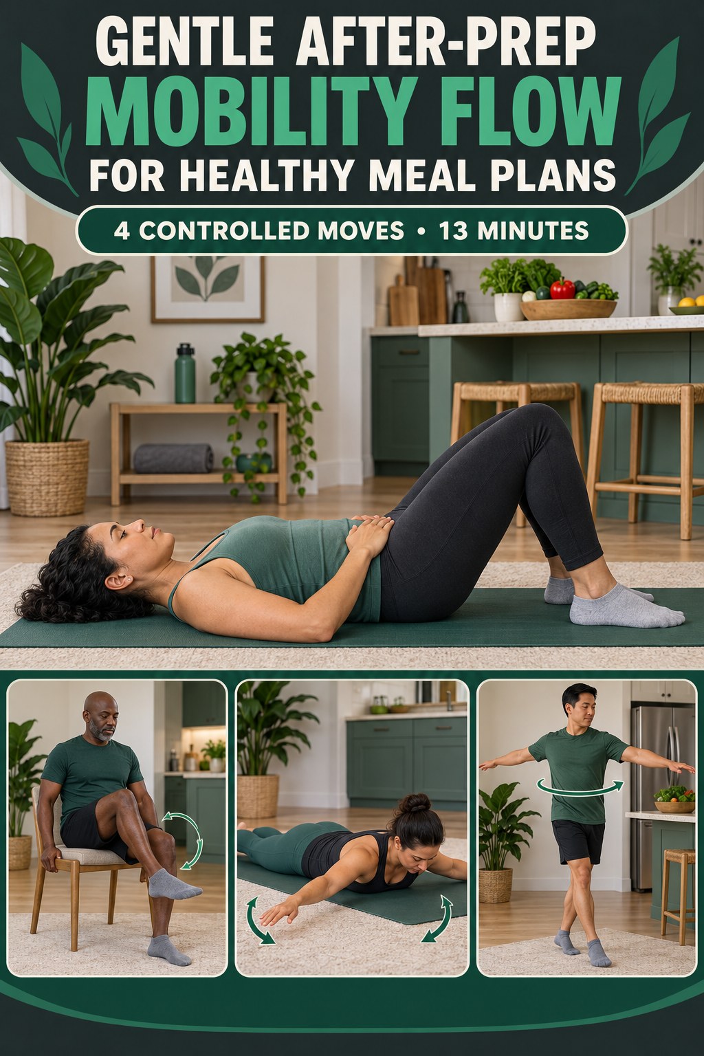 Adult demonstrating pelvic tilts in a gentle after-prep mobility flow for healthy meal plans infographic.