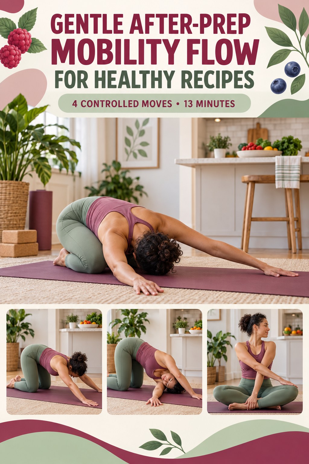 Adult demonstrating child’s-pose side reaches in a gentle after-prep mobility flow for healthy recipes infographic.