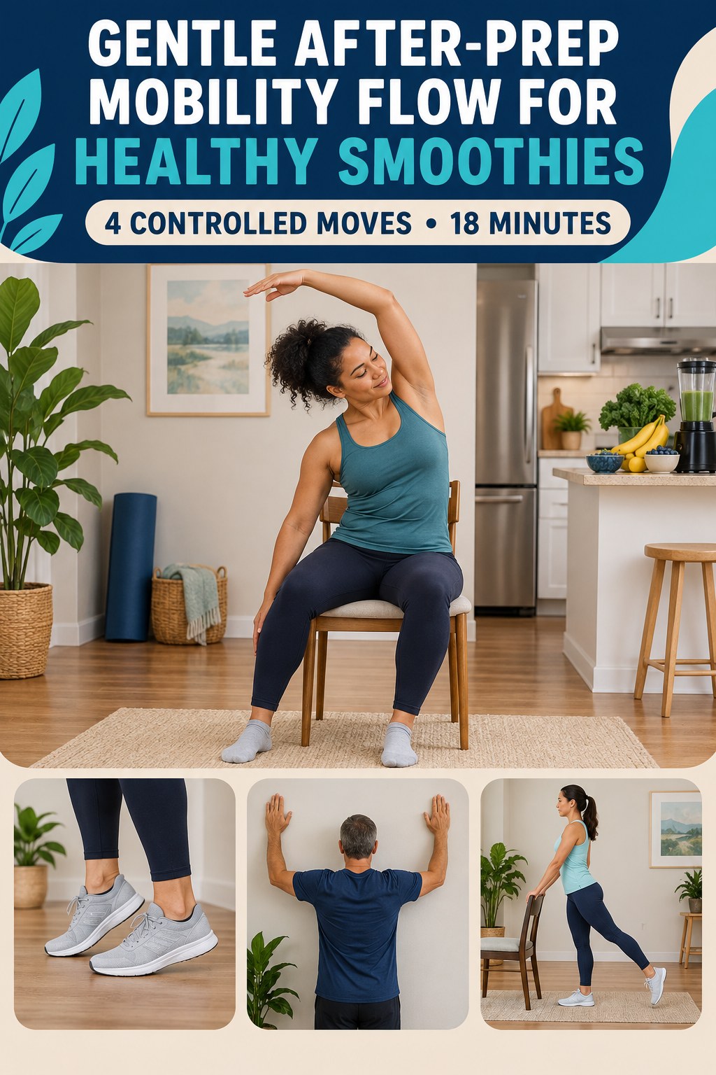 Adult demonstrating seated spine waves in a gentle after-prep mobility flow for healthy smoothies infographic.
