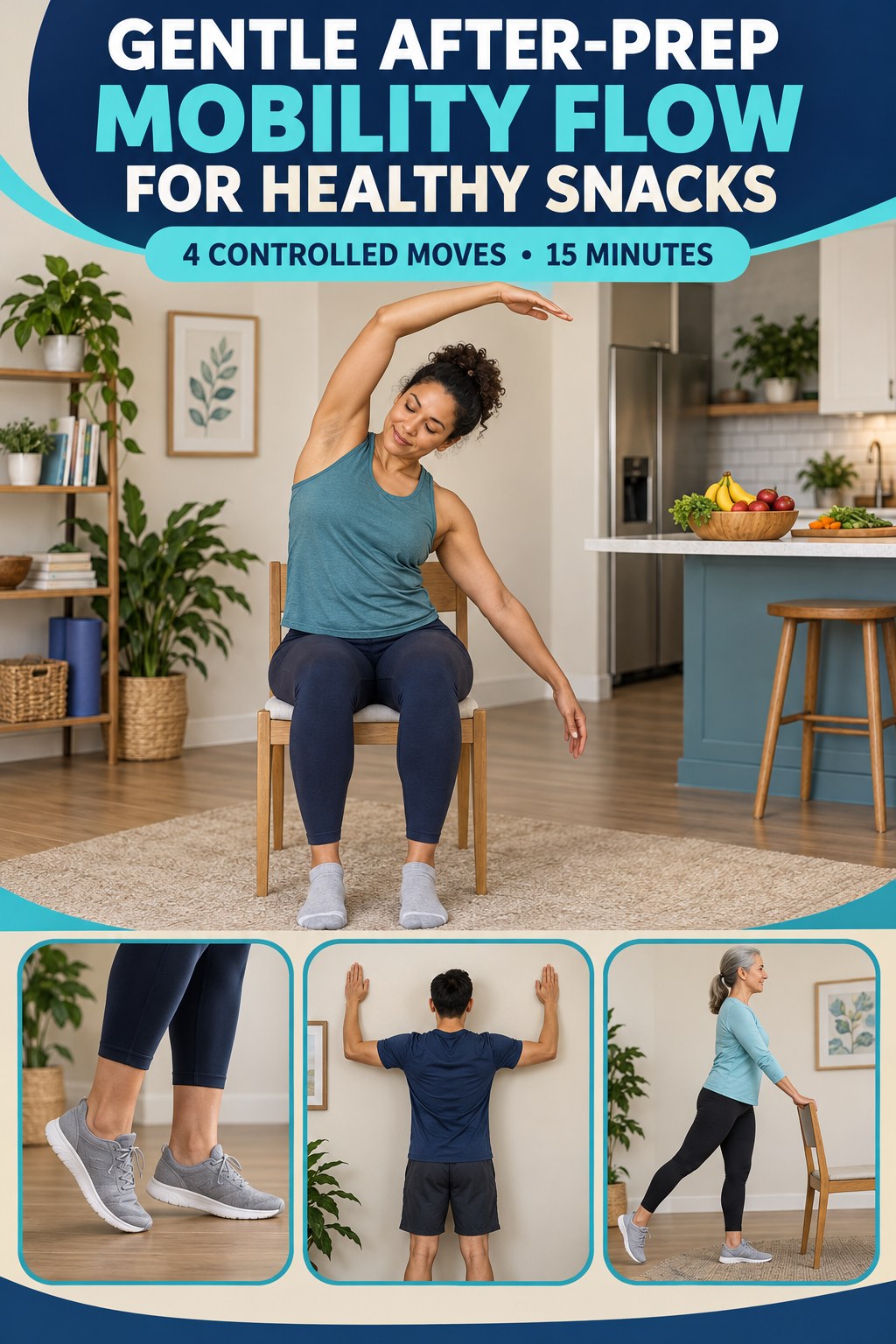 Adult demonstrating seated spine waves in a gentle after-prep mobility flow for healthy snacks infographic.