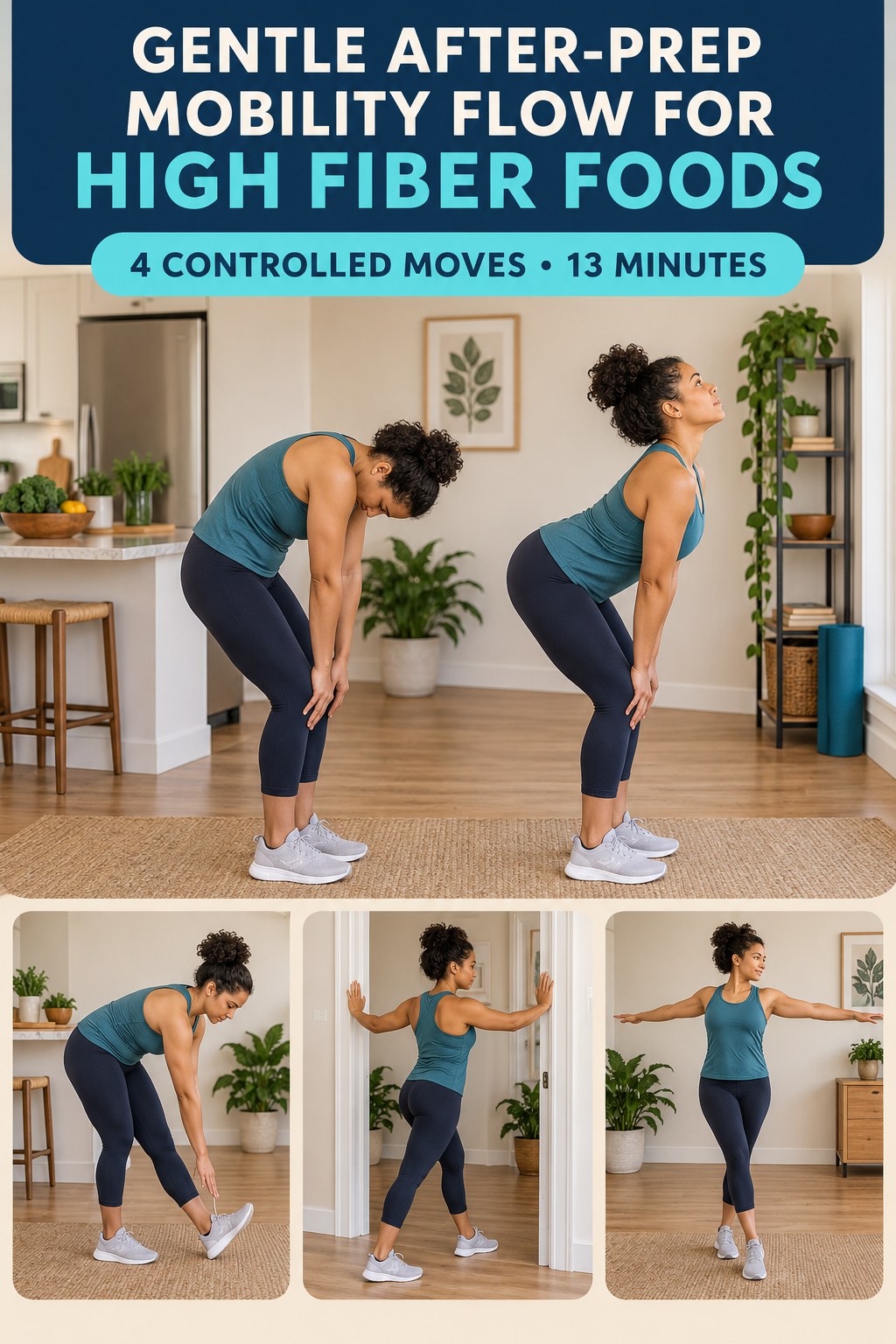 Adult demonstrating standing cat-cow in a gentle after-prep mobility flow for high fiber foods infographic.