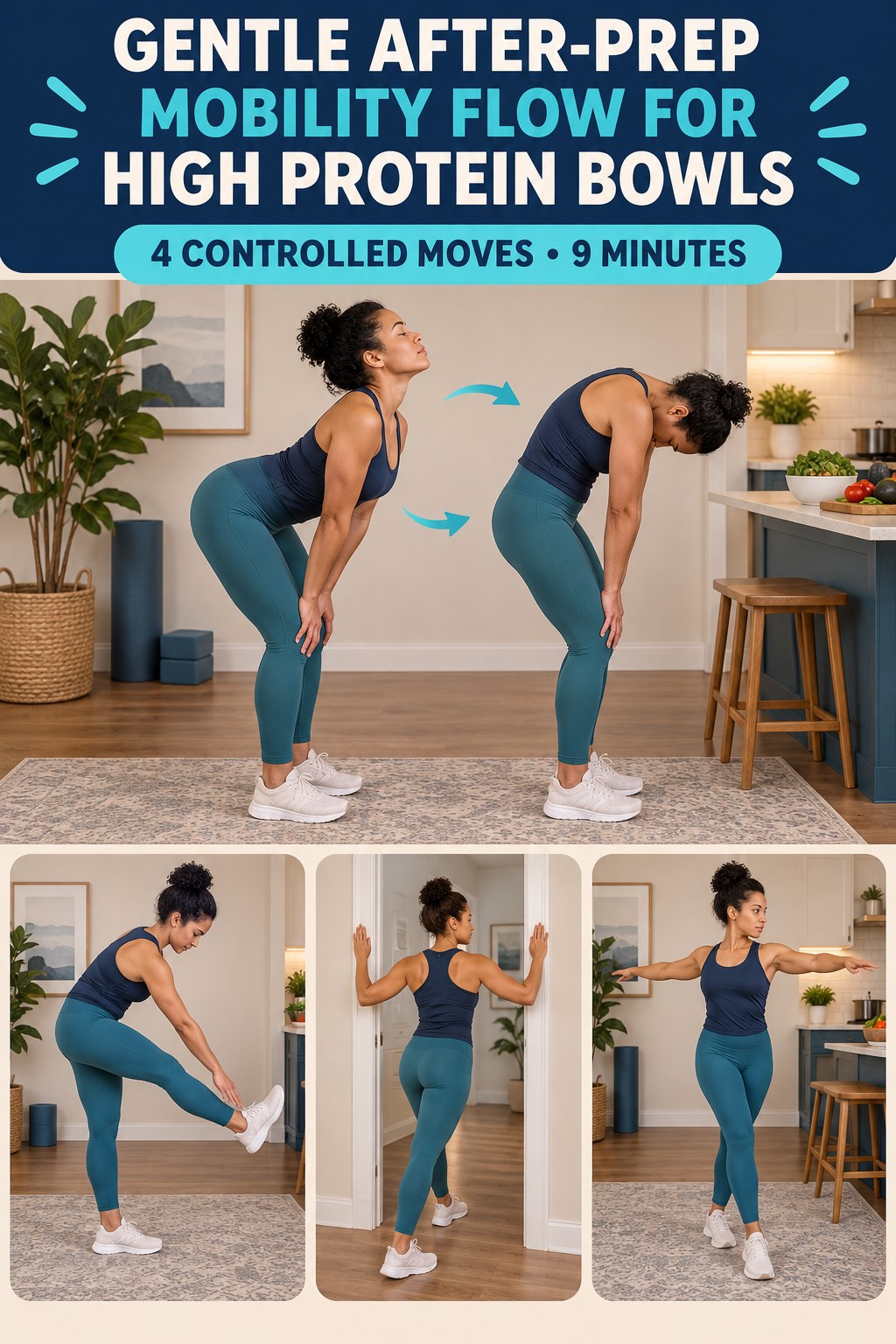 Adult demonstrating standing cat-cow in a gentle after-prep mobility flow for high protein bowls infographic.