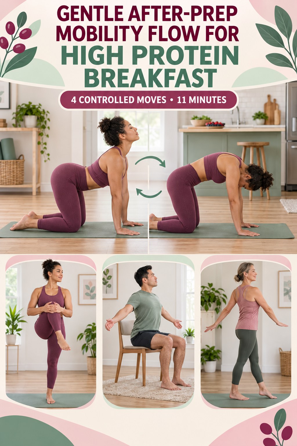 Adult demonstrating quadruped cat-cow in a gentle after-prep mobility flow for high protein breakfast infographic.