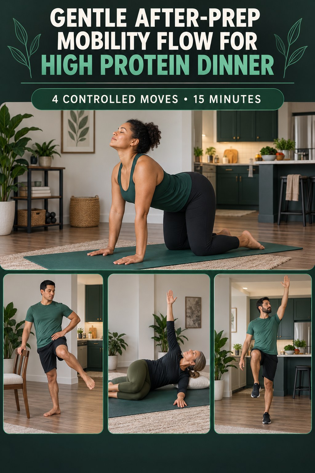 Adult demonstrating counter spine waves in a gentle after-prep mobility flow for high protein dinner infographic.