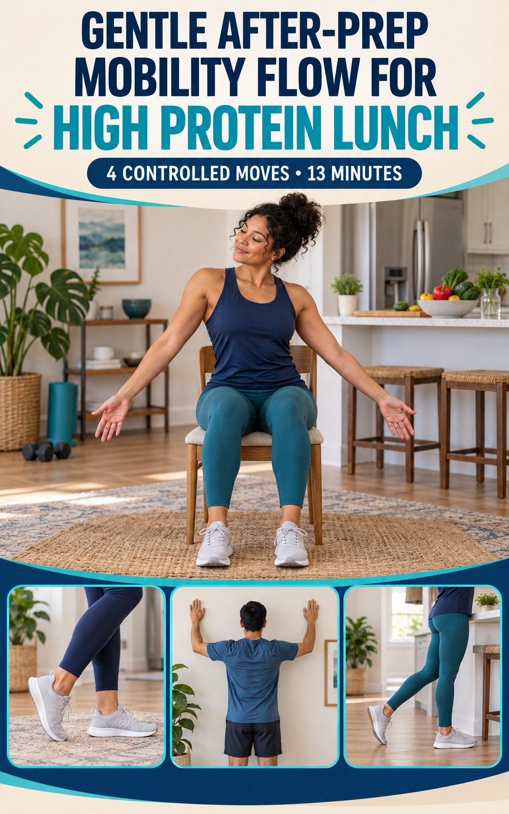 Adult demonstrating seated spine waves in a gentle after-prep mobility flow for high protein lunch infographic.