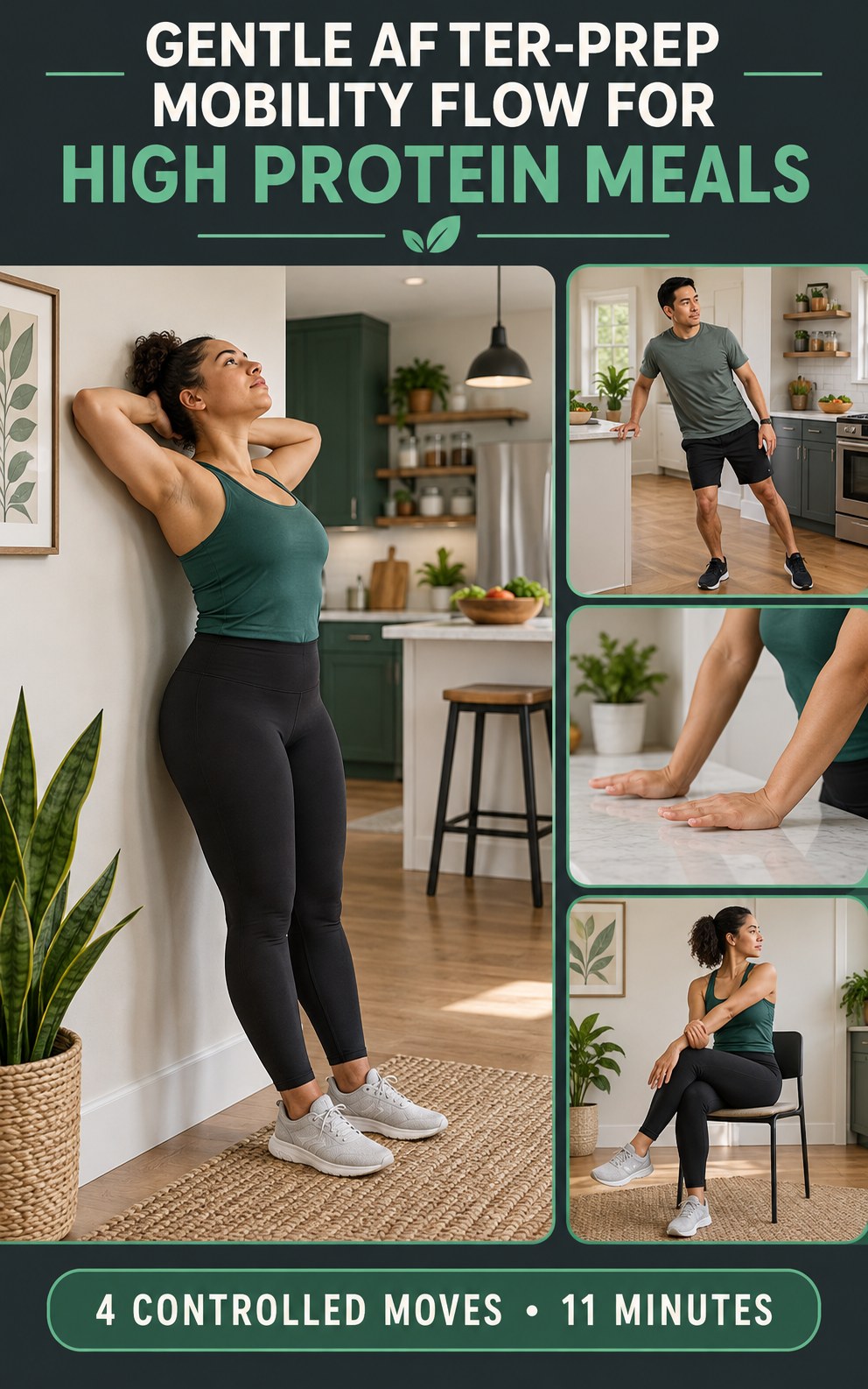 Adult demonstrating wall-assisted thoracic extensions in a gentle after-prep mobility flow for high protein meals infographic.