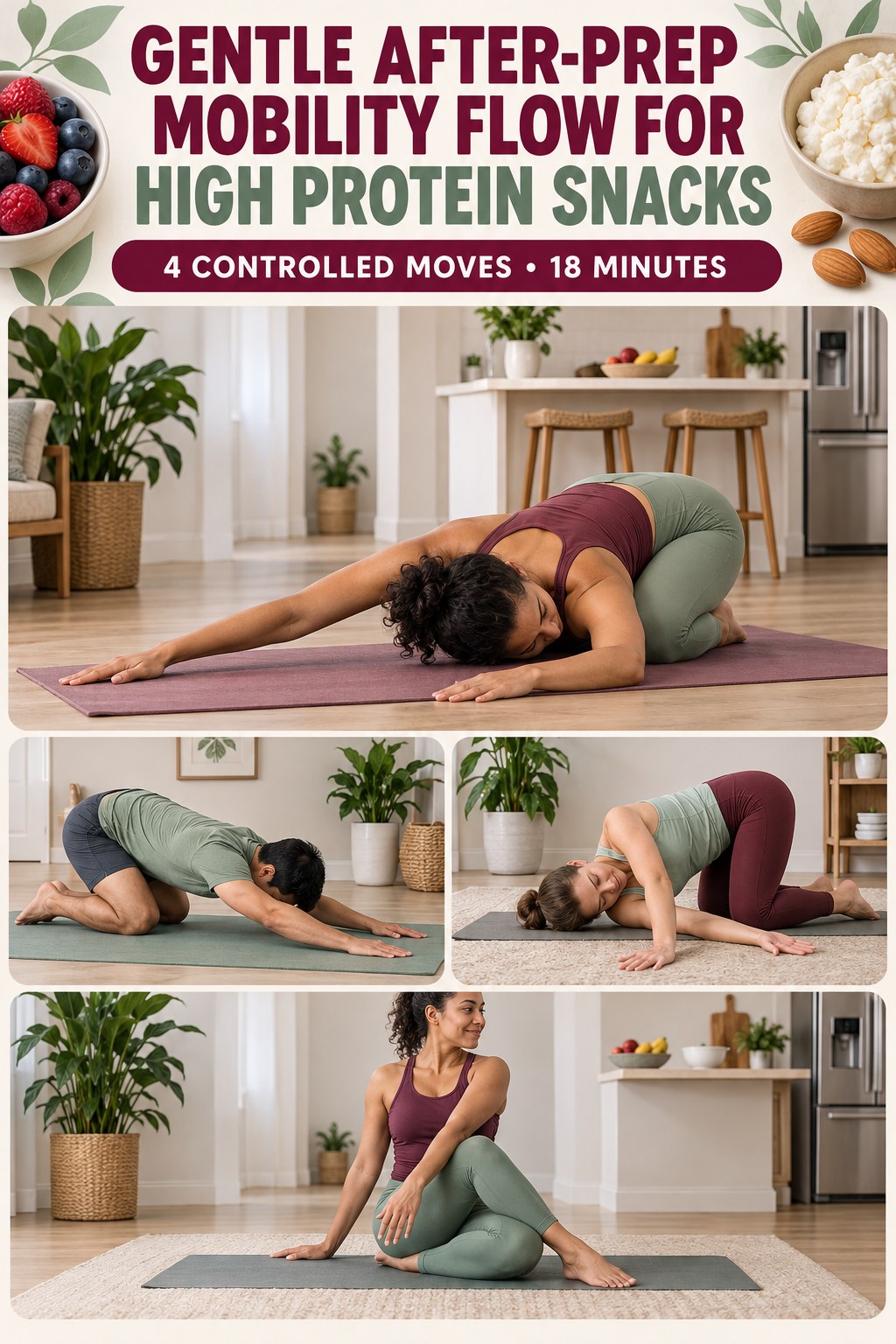 Adult demonstrating child’s-pose side reaches in a gentle after-prep mobility flow for high protein snacks infographic.