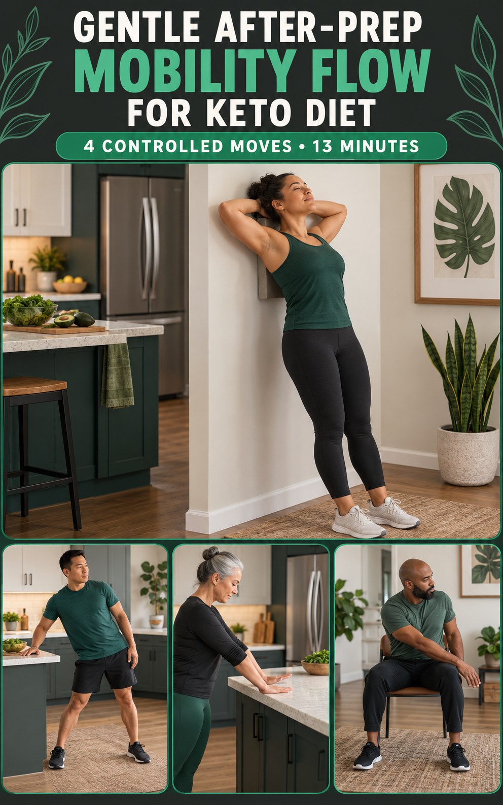 Adult demonstrating wall-assisted thoracic extensions in a gentle after-prep mobility flow for keto diet infographic.