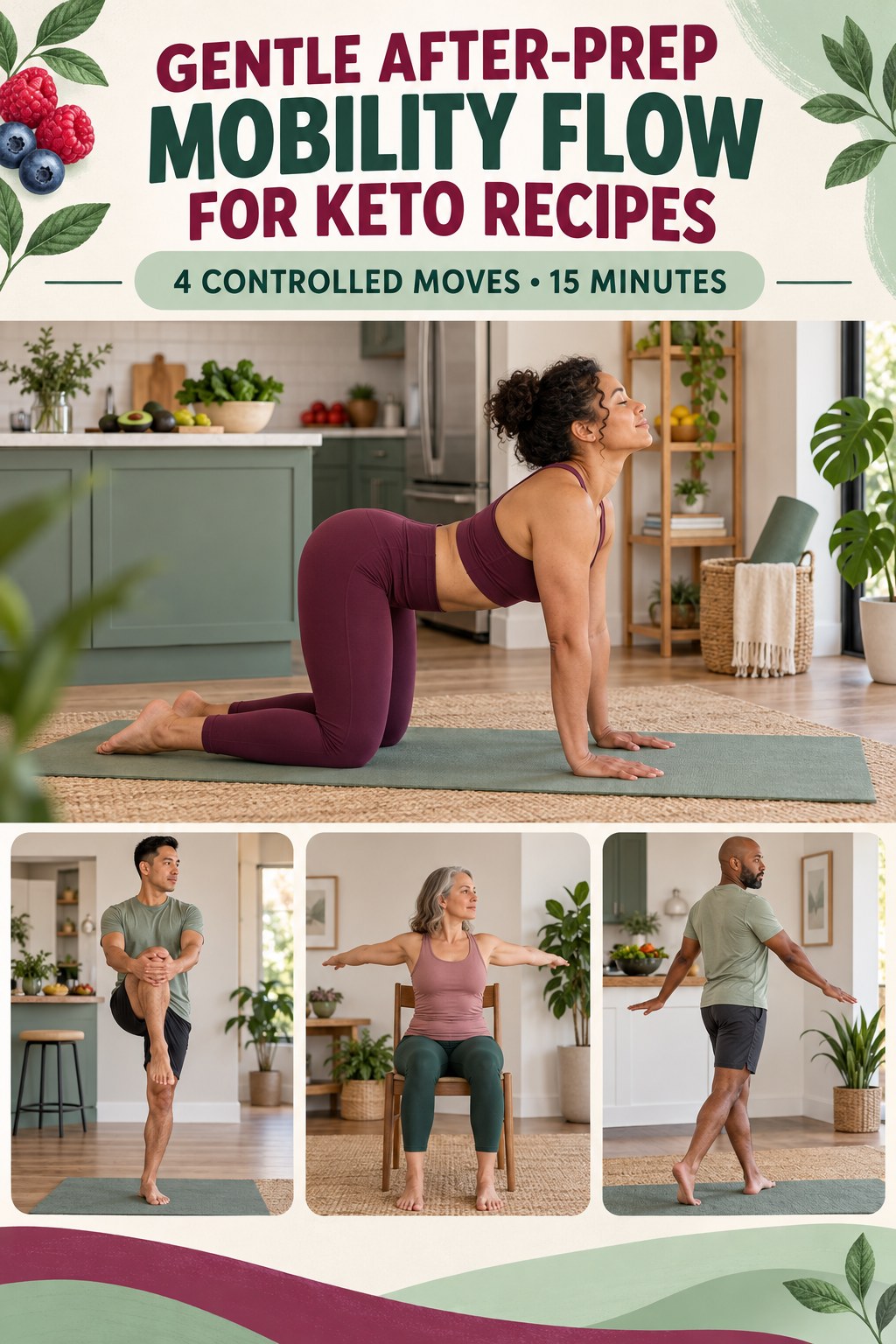 Adult demonstrating quadruped cat-cow in a gentle after-prep mobility flow for keto recipes infographic.