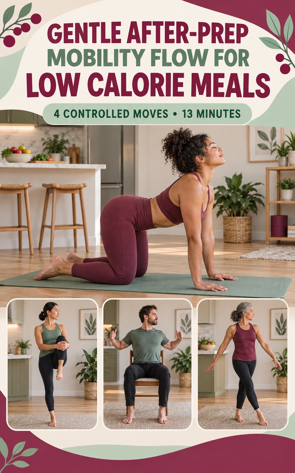Adult demonstrating quadruped cat-cow in a gentle after-prep mobility flow for low calorie meals infographic.