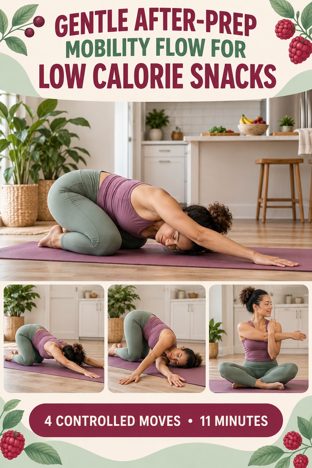 Adult demonstrating child’s-pose side reaches in a gentle after-prep mobility flow for low calorie snacks infographic.