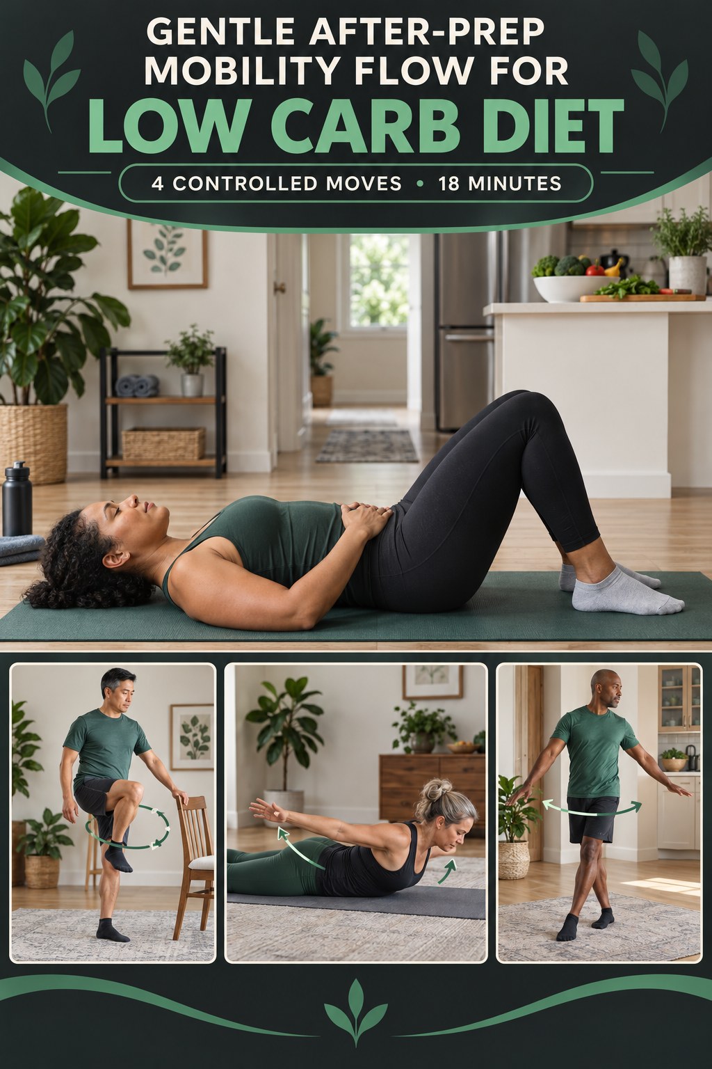 Adult demonstrating pelvic tilts in a gentle after-prep mobility flow for low carb diet infographic.