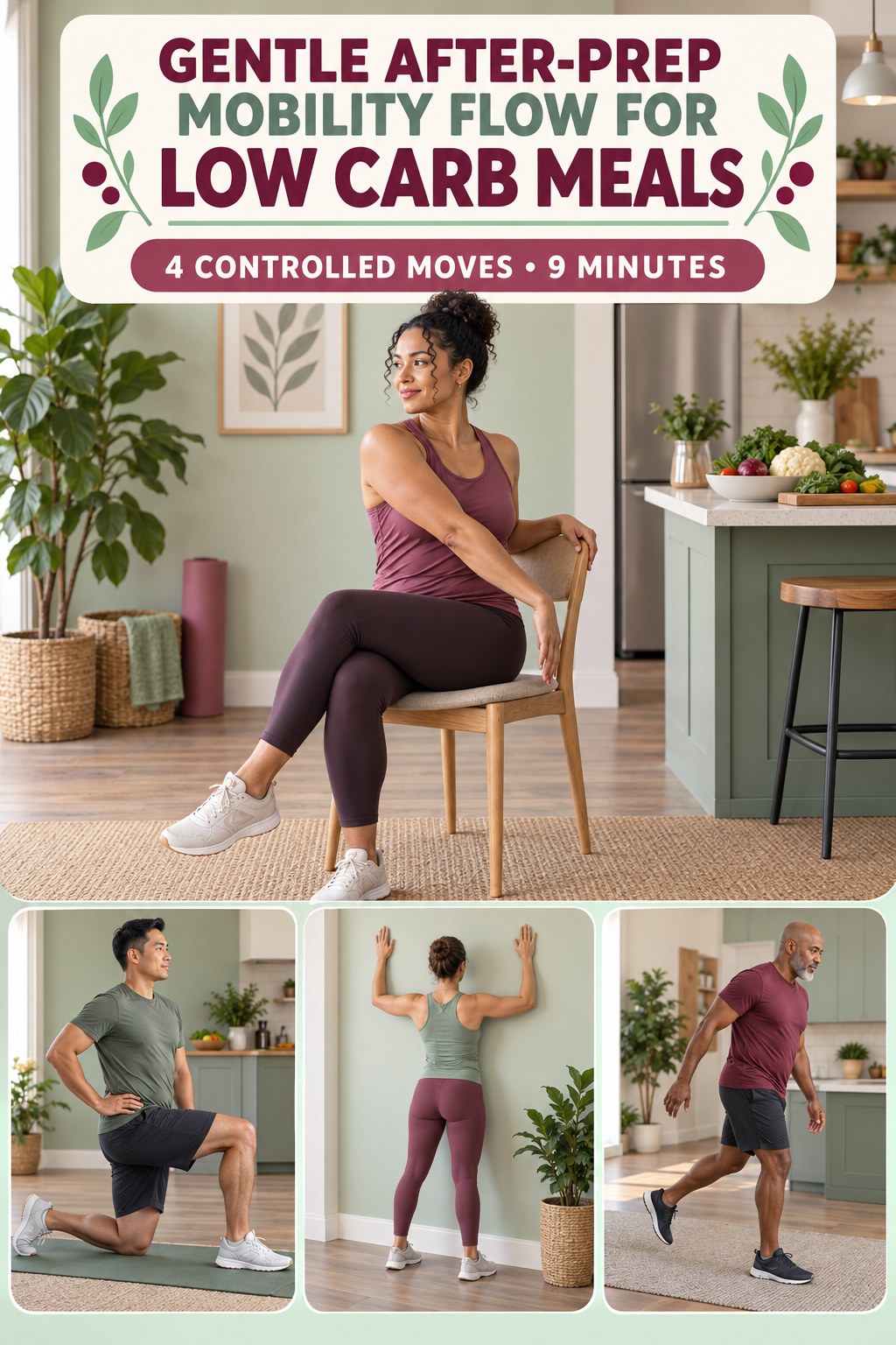 Adult demonstrating seated thoracic rotations in a gentle after-prep mobility flow for low carb meals infographic.