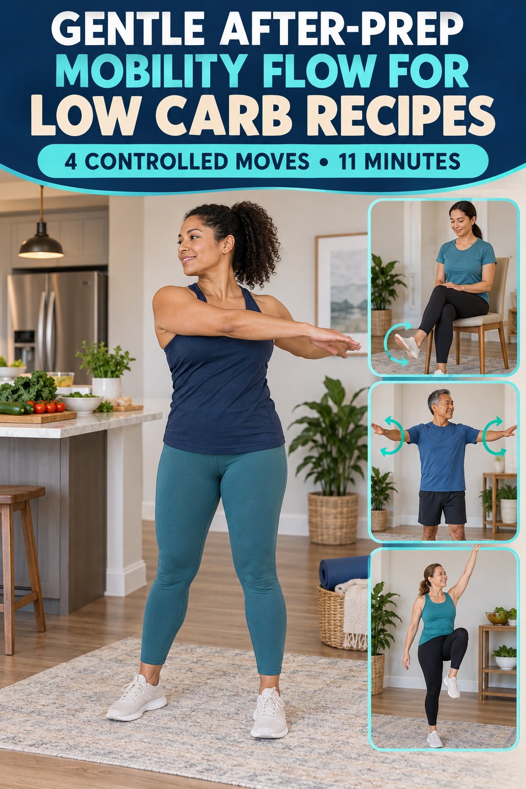 Adult demonstrating standing rib-cage turns in a gentle after-prep mobility flow for low carb recipes infographic.