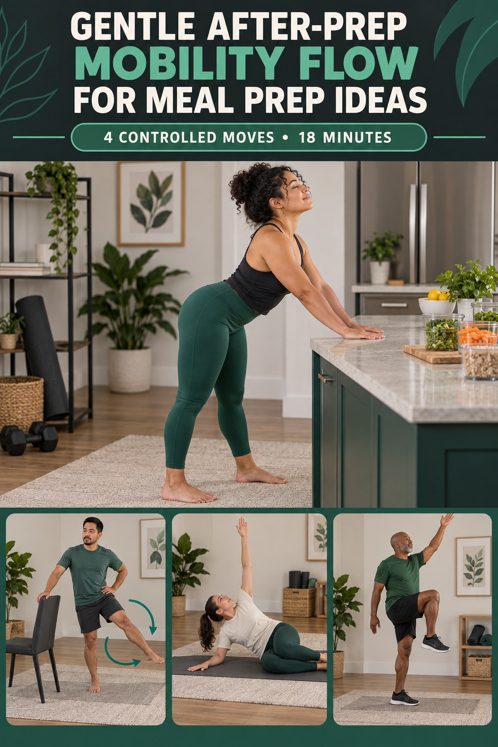 Adult demonstrating counter spine waves in a gentle after-prep mobility flow for meal prep ideas infographic.