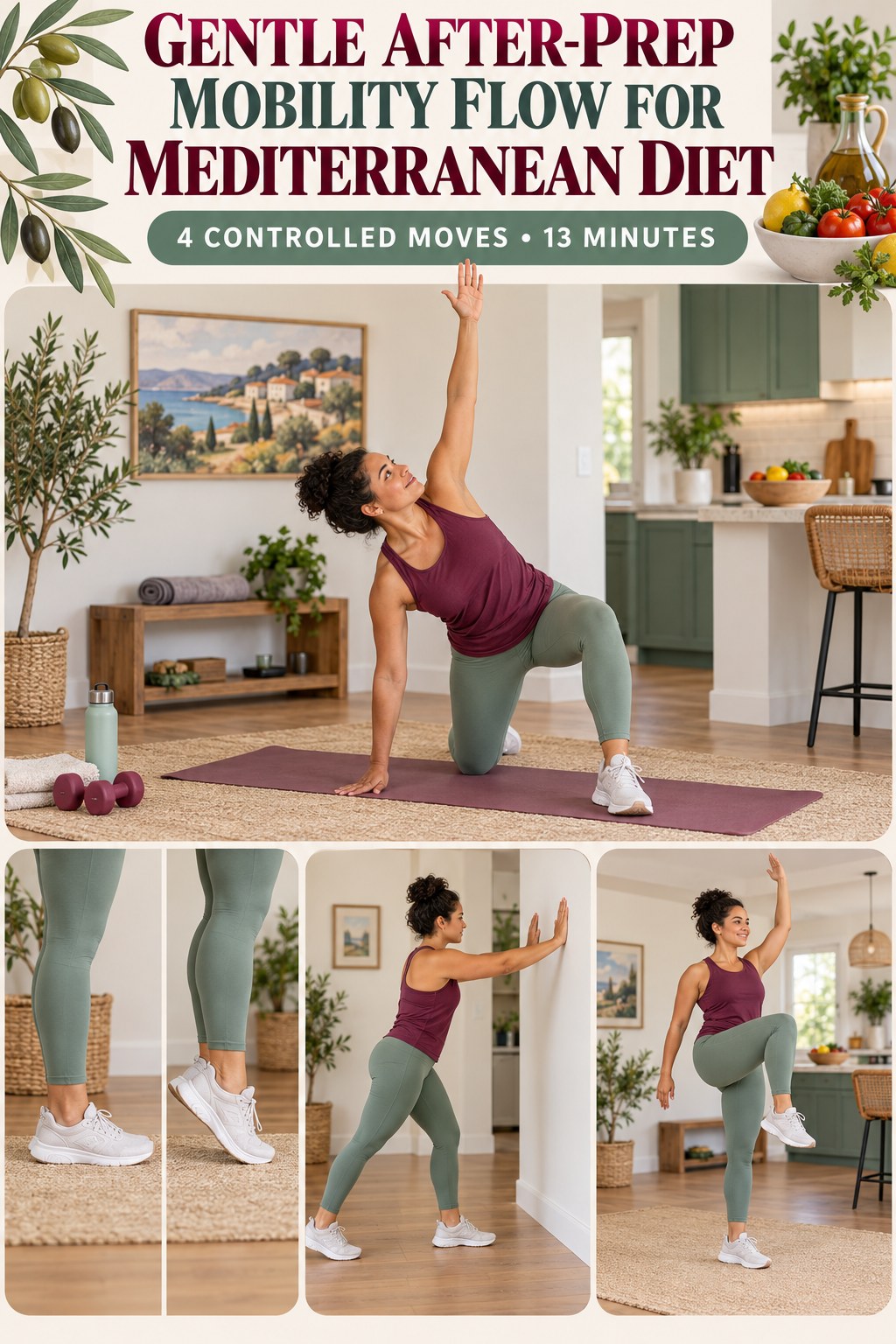 Adult demonstrating half-kneeling windmills in a gentle after-prep mobility flow for mediterranean diet infographic.