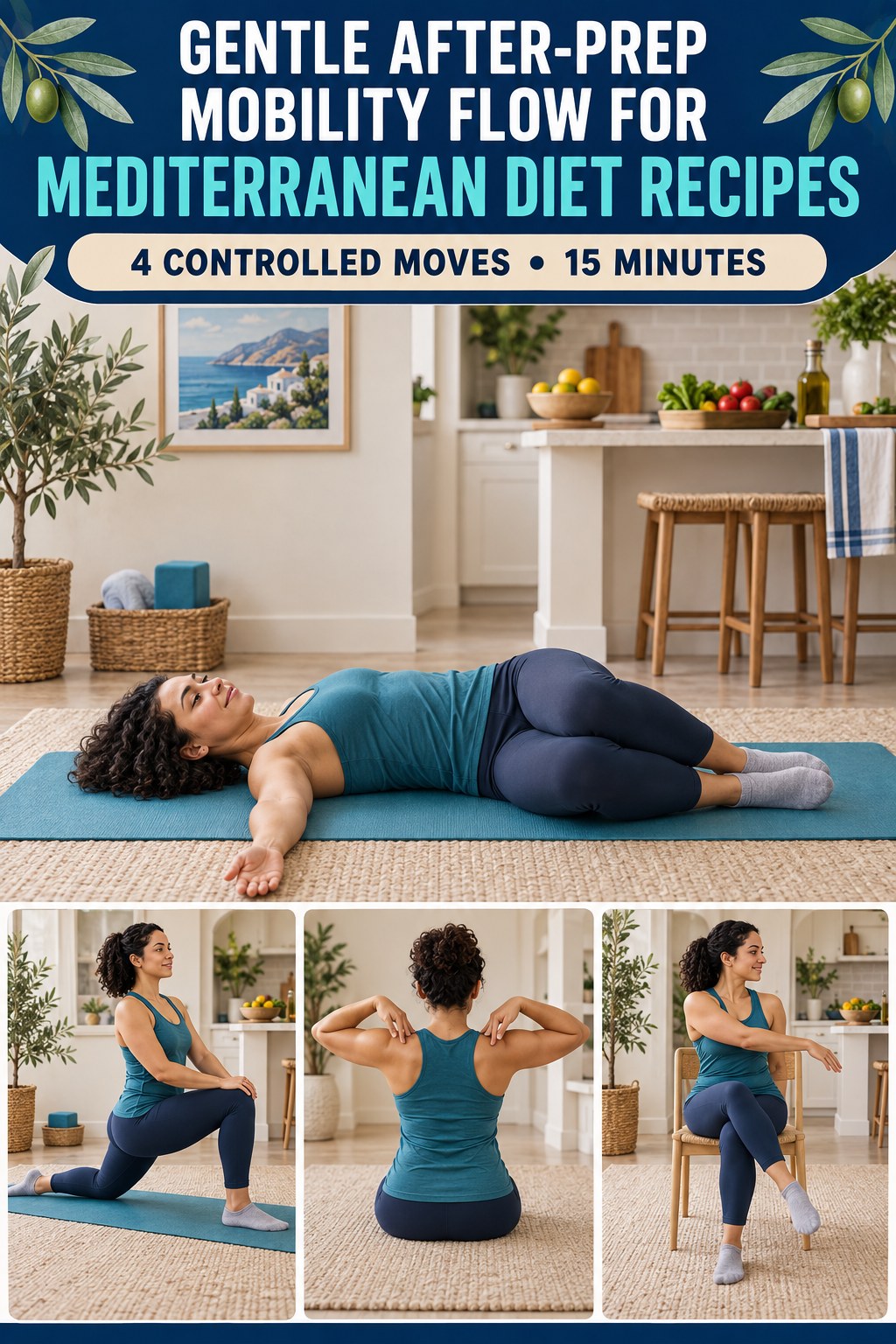 Adult demonstrating supine knee sways in a gentle after-prep mobility flow for mediterranean diet recipes infographic.