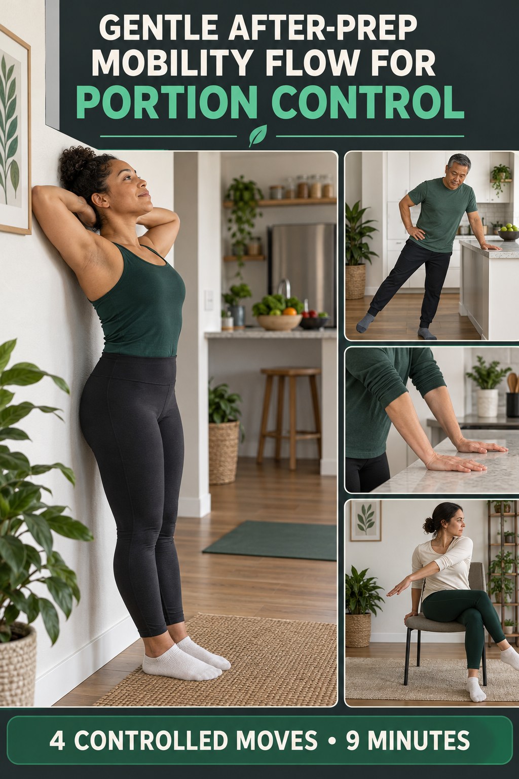 Adult demonstrating wall-assisted thoracic extensions in a gentle after-prep mobility flow for portion control infographic.