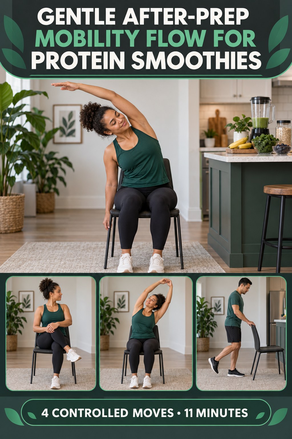 Adult demonstrating seated side bends in a gentle after-prep mobility flow for protein smoothies infographic.