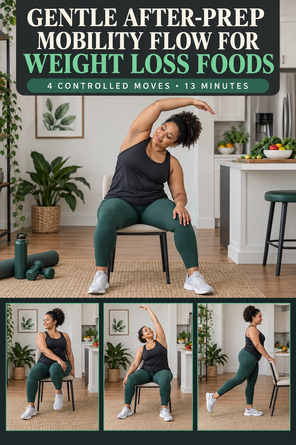 Adult demonstrating seated side bends in a gentle after-prep mobility flow for weight loss foods infographic.