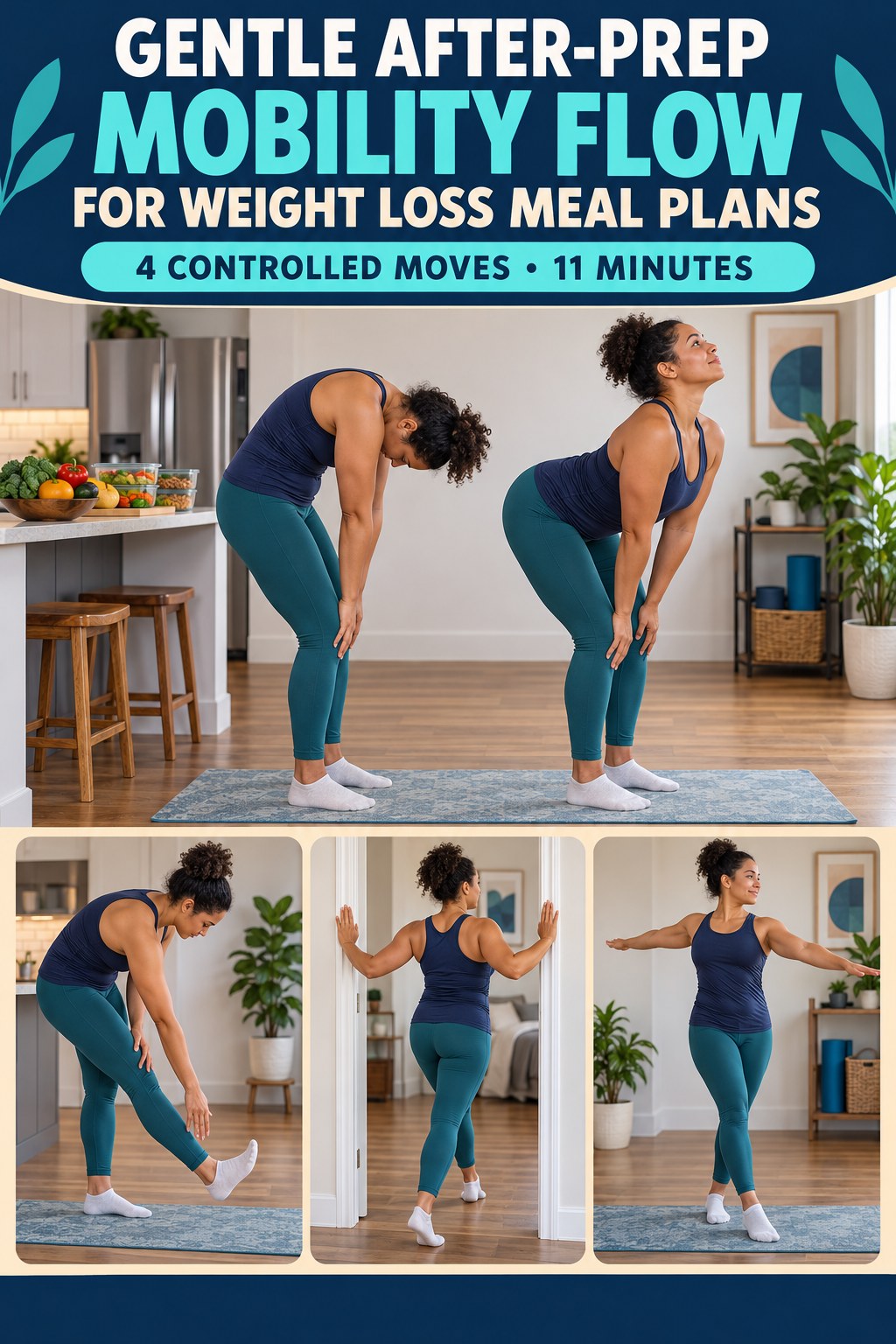 Adult demonstrating standing cat-cow in a gentle after-prep mobility flow for weight loss meal plans infographic.