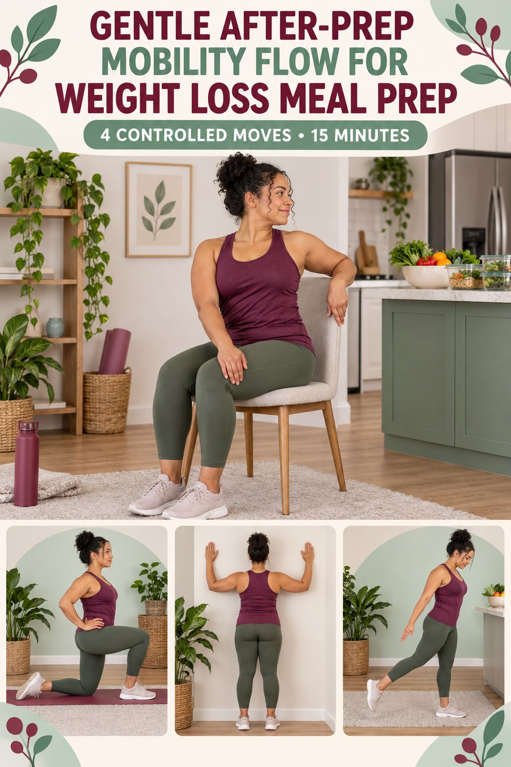 Adult demonstrating seated thoracic rotations in a gentle after-prep mobility flow for weight loss meal prep infographic.