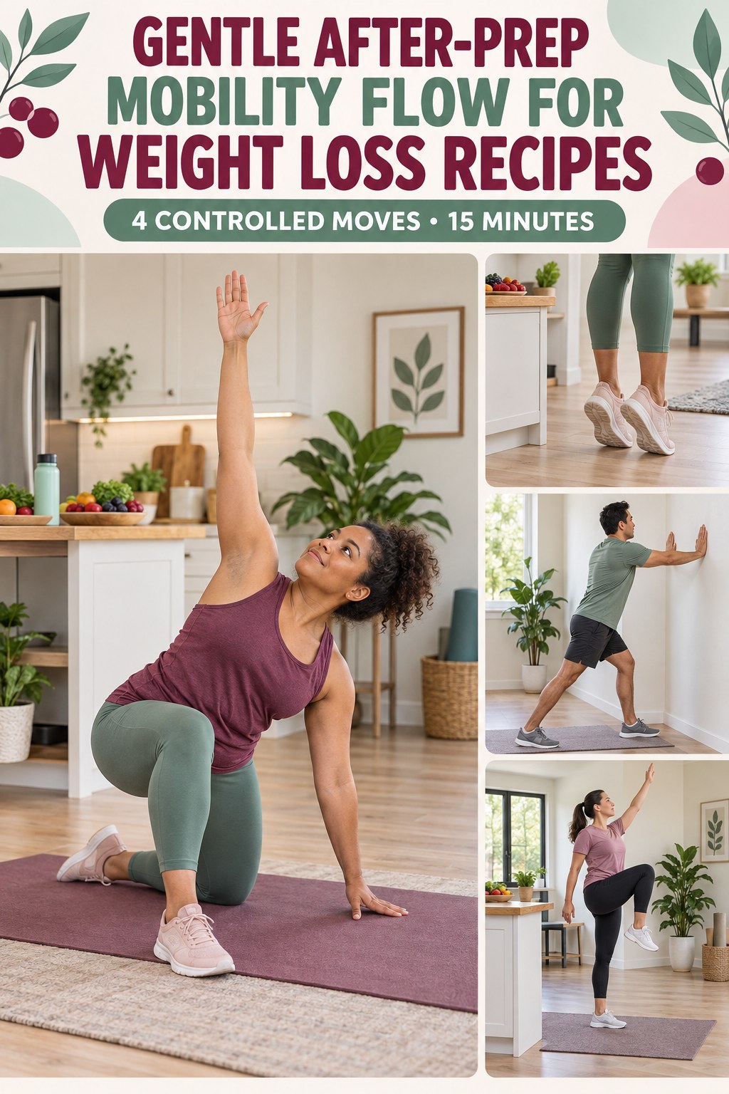 Adult demonstrating half-kneeling windmills in a gentle after-prep mobility flow for weight loss recipes infographic.