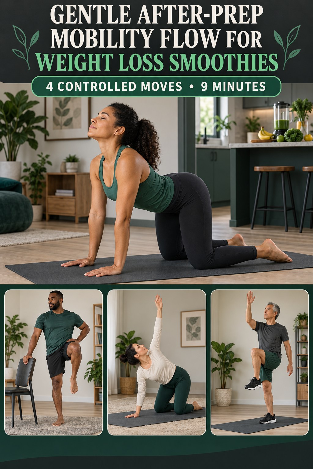 Adult demonstrating counter spine waves in a gentle after-prep mobility flow for weight loss smoothies infographic.