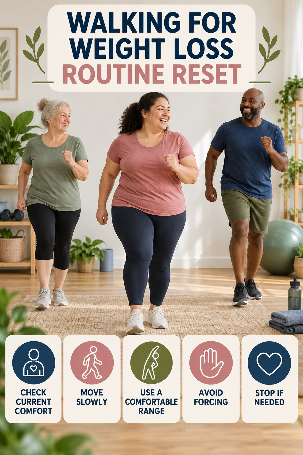 Gentle Mobility Reset for Walking for Weight Loss with five readable routine-reset cues and a realistic board-relevant wellness scene.
