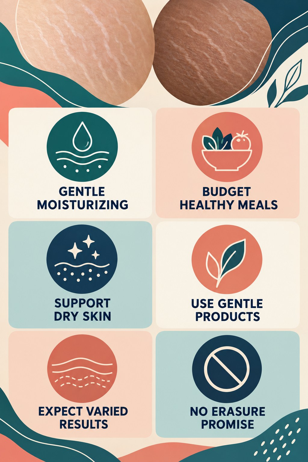 Gentle Moisturizing Without Miracle Claims infographic for Budget Healthy Meals with four concise, body-neutral stretch-mark skincare points.