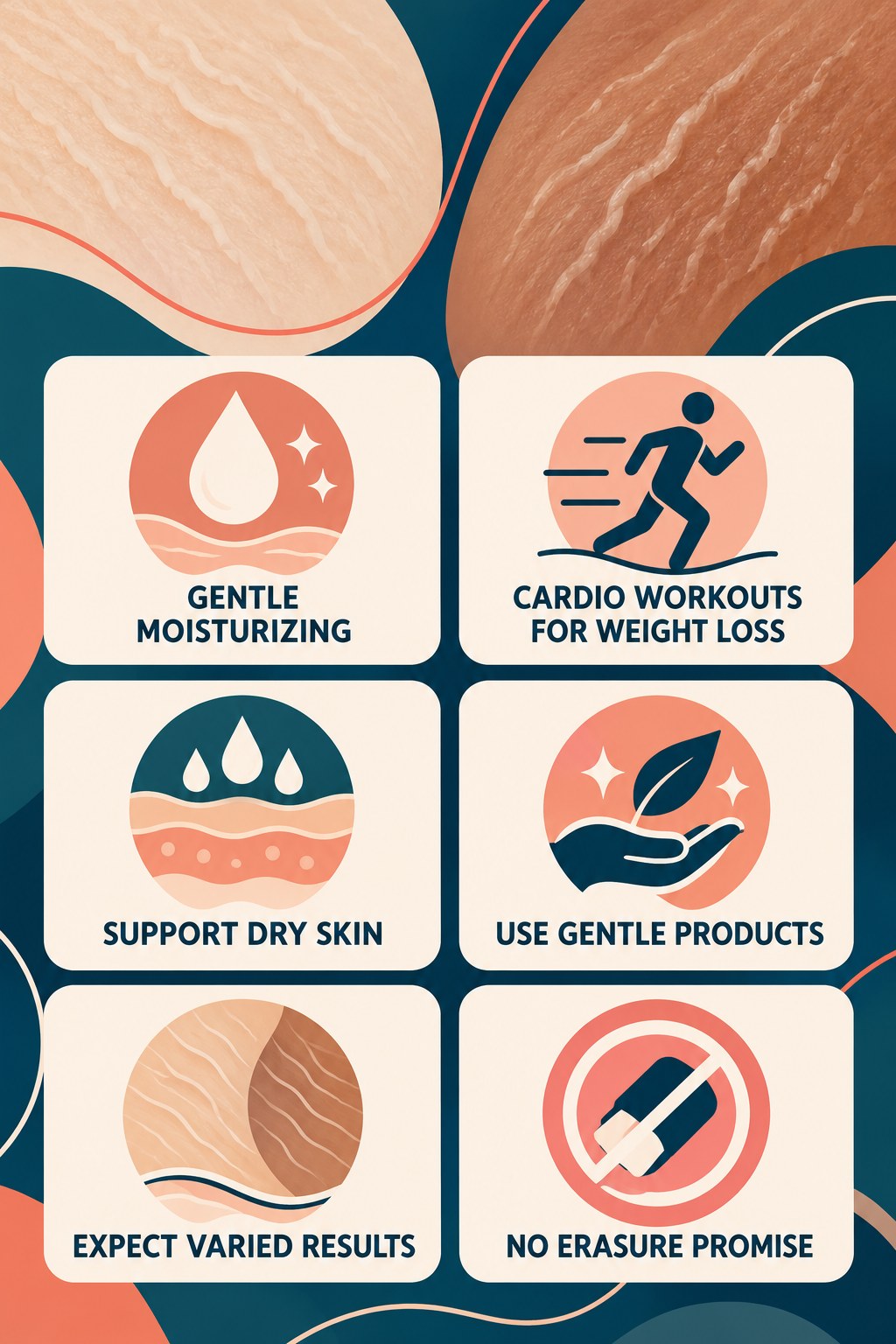 Gentle Moisturizing Without Miracle Claims infographic for Cardio Workouts for Weight Loss with four concise, body-neutral stretch-mark skincare points.