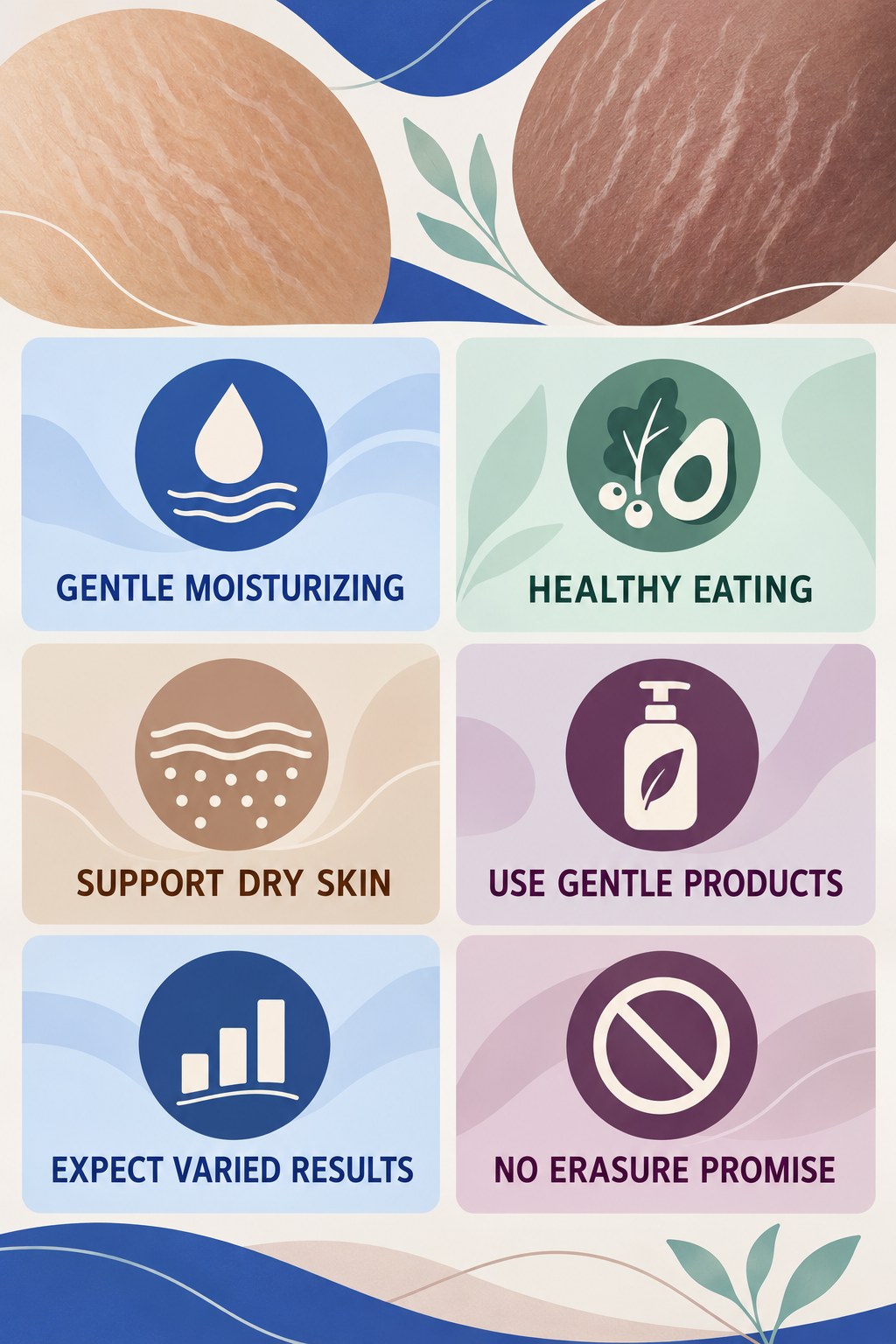 Gentle Moisturizing Without Miracle Claims infographic for Healthy Eating with four concise, body-neutral stretch-mark skincare points.