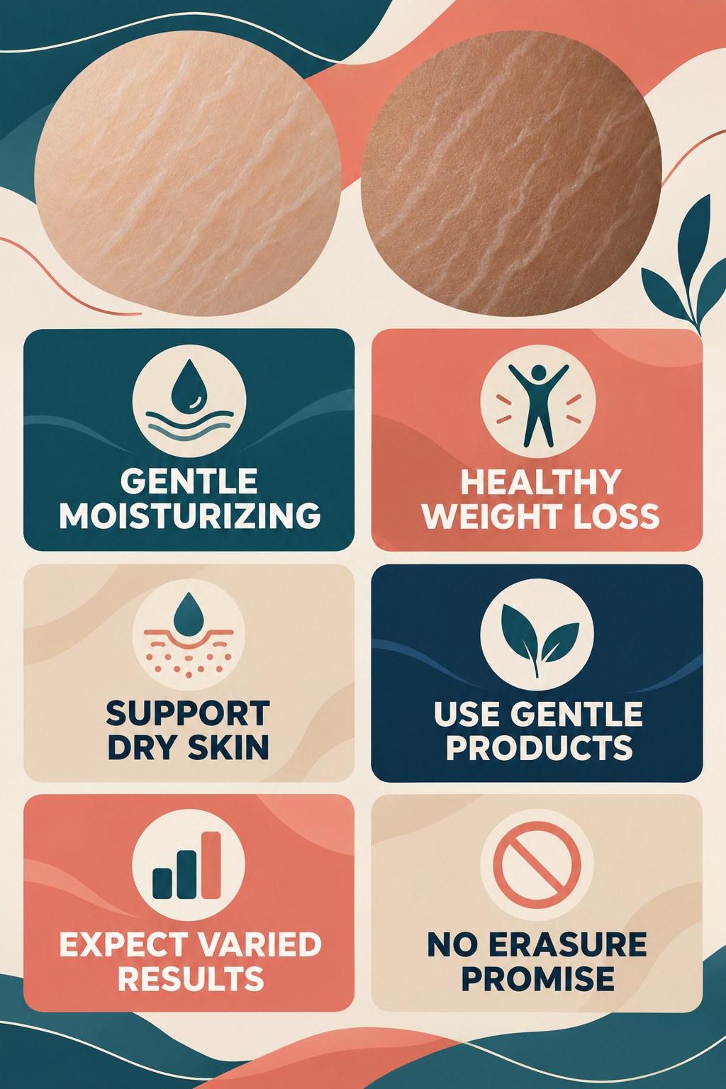 Gentle Moisturizing Without Miracle Claims infographic for Healthy Weight Loss with four concise, body-neutral stretch-mark skincare points.