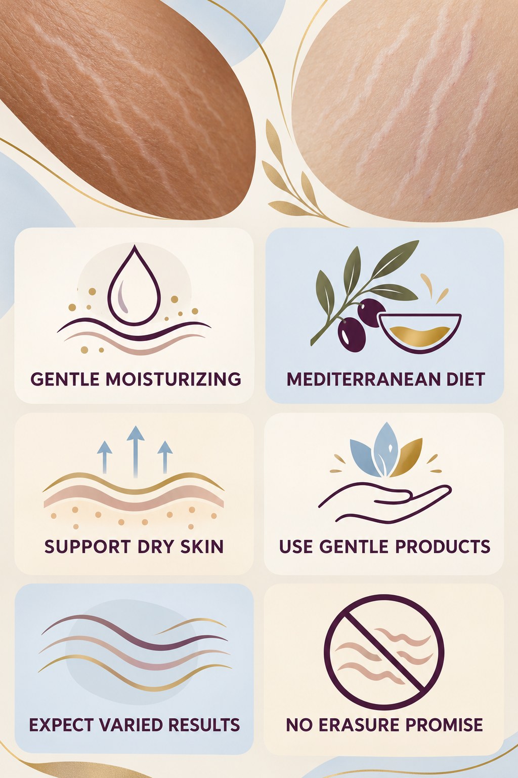 Gentle Moisturizing Without Miracle Claims infographic for Mediterranean Diet with four concise, body-neutral stretch-mark skincare points.