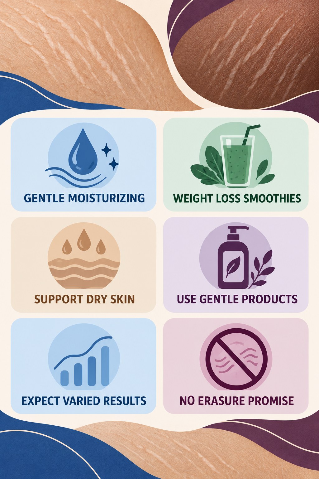 Gentle Moisturizing Without Miracle Claims infographic for Weight Loss Smoothies with four concise, body-neutral stretch-mark skincare points.