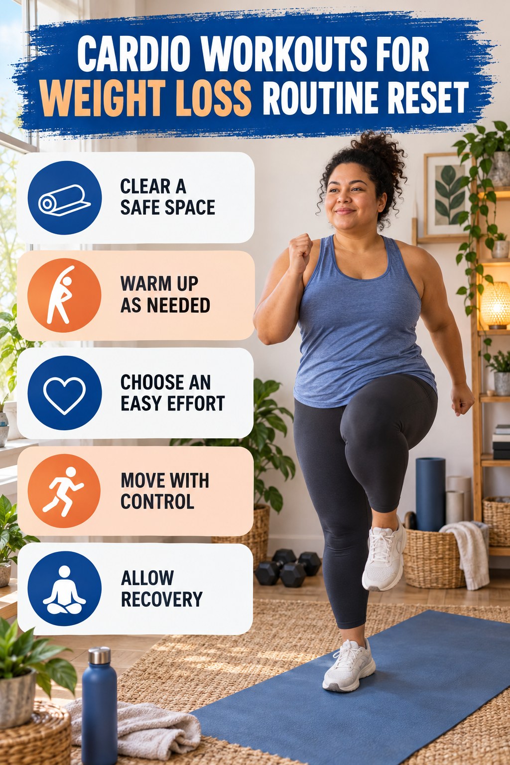 Gentle Movement Routine Reset for Cardio Workouts for Weight Loss with five readable routine-reset cues and a realistic board-relevant wellness scene.