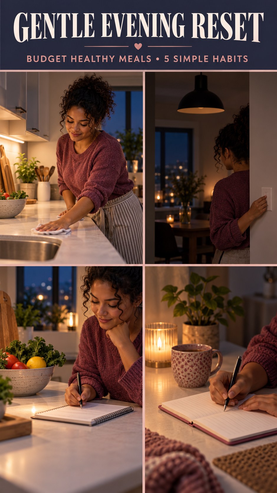 Night routine infographic for Budget Healthy Meals showing tidy the food prep area and 5 practical evening habits.
