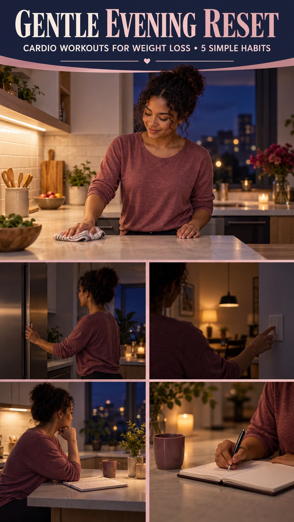 Night routine infographic for Cardio Workouts for Weight Loss showing tidy the food prep area and 5 practical evening habits.