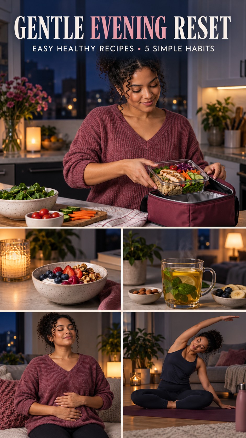 Night routine infographic for Easy Healthy Recipes showing pack a balanced lunch cue and 5 practical evening habits.