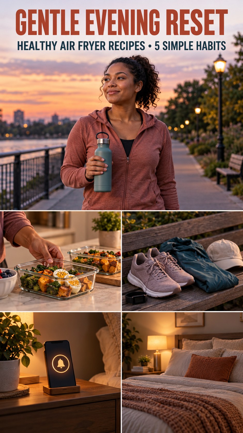 Night routine infographic for Healthy Air Fryer Recipes showing prepare tomorrow’s water and 5 practical evening habits.