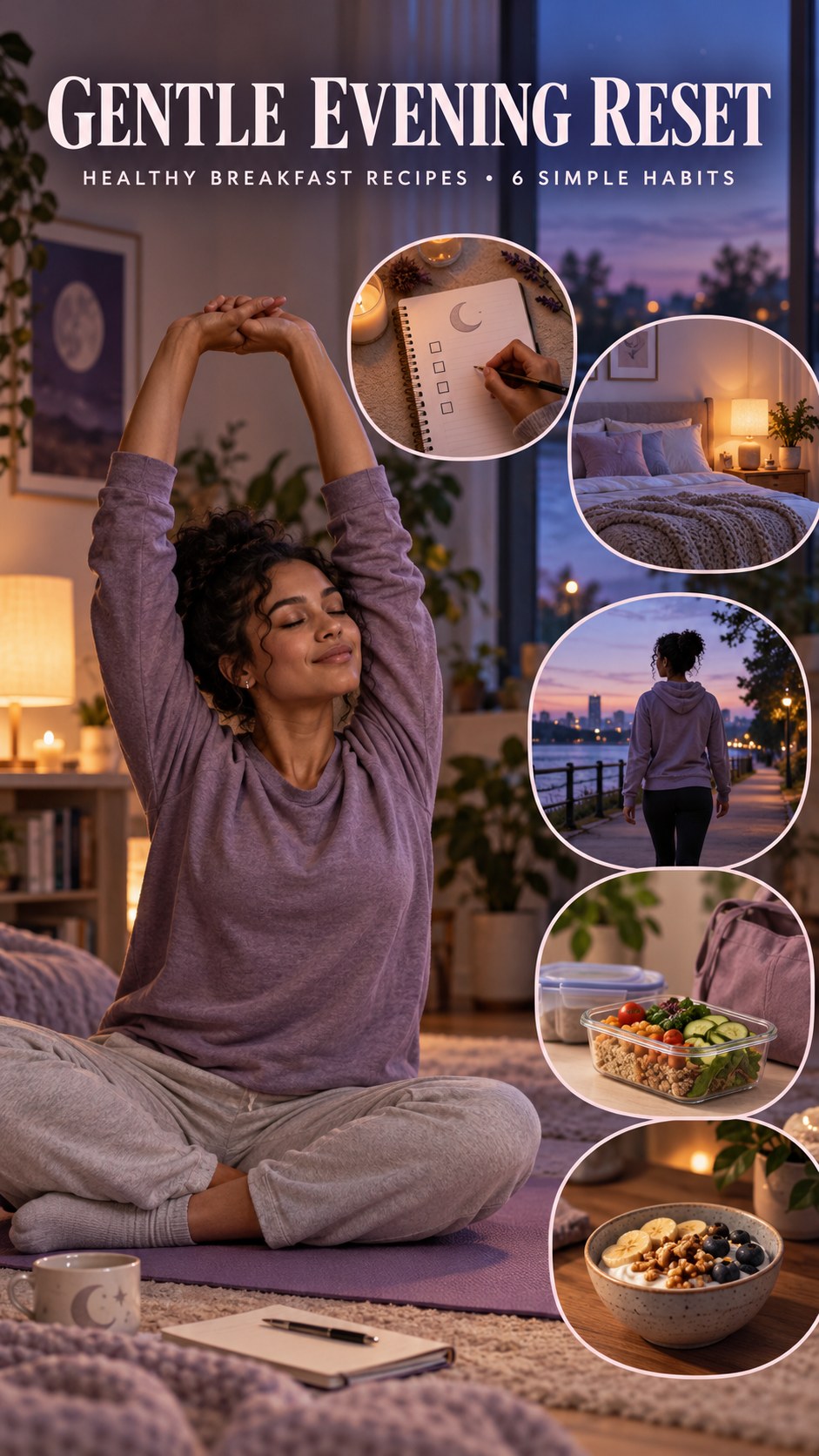 Night routine infographic for Healthy Breakfast Recipes showing create a bedtime reminder and 6 practical evening habits.